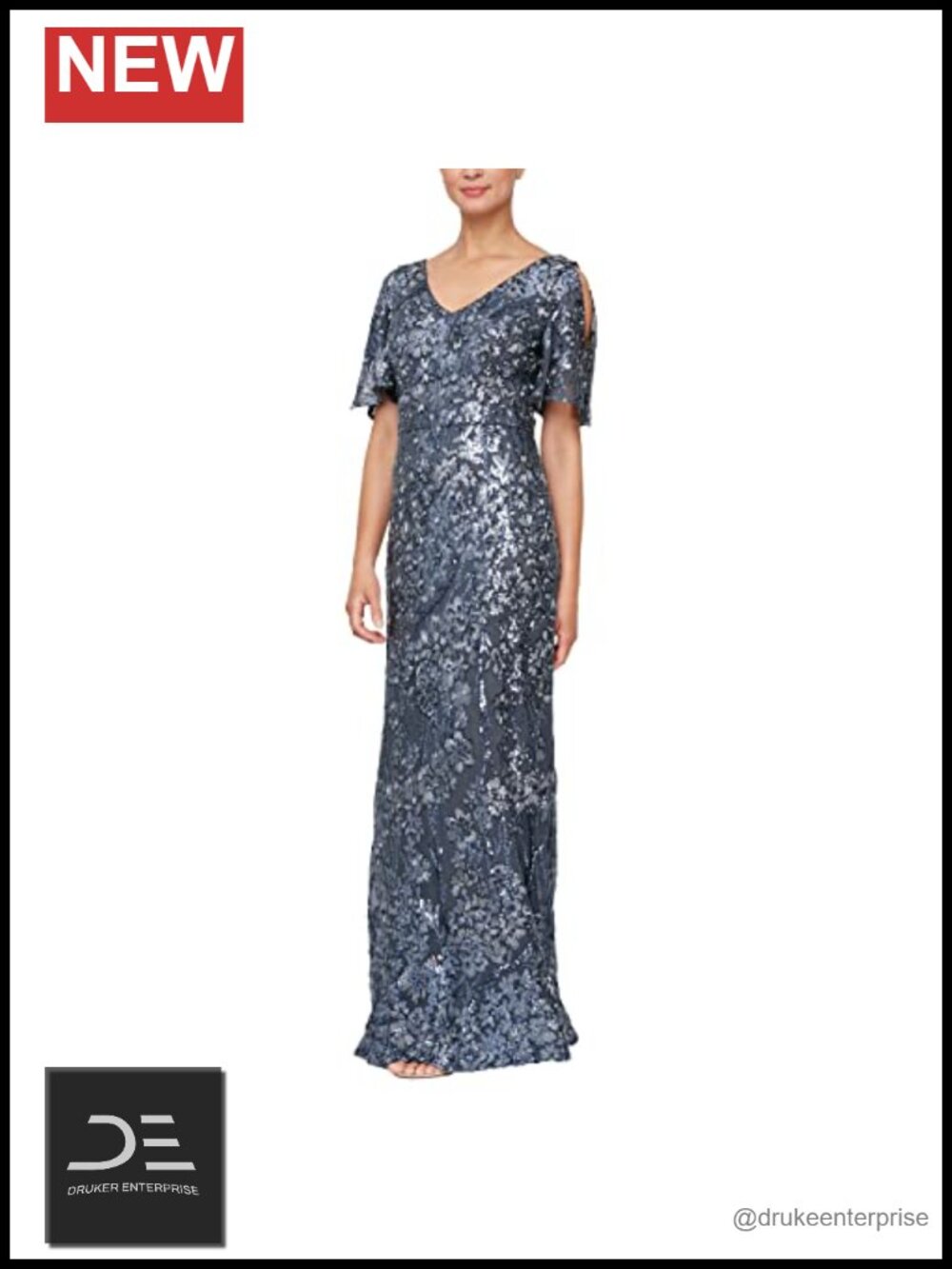 Long Mother of the Bride Sequin Dress Cold Shoulder Flutter Sleeves